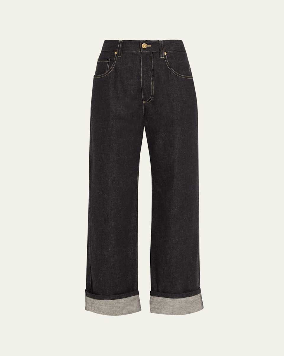 Dark-Wash Wide-Leg Cuffed Jeans